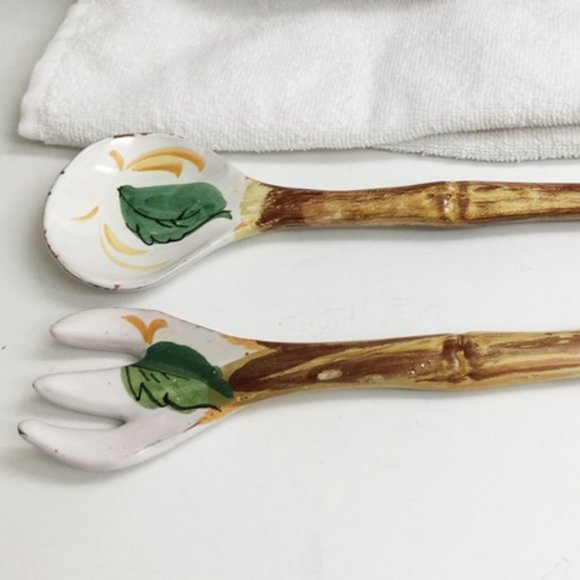 Mid Century Salad Bowl 11 1/2" + Serving Spoon & Fork Ceramic Italy 1954 Vintage - Picture 6 of 11